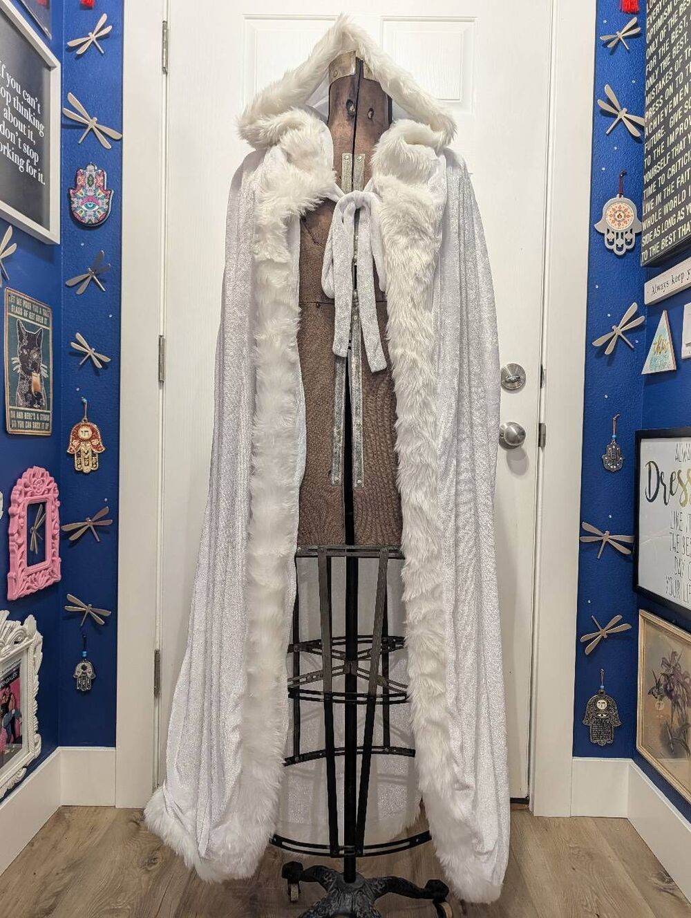 White Hooded Faux Fur Trim Cape Cloak Full Length Bridal Fantasy Costume Medium